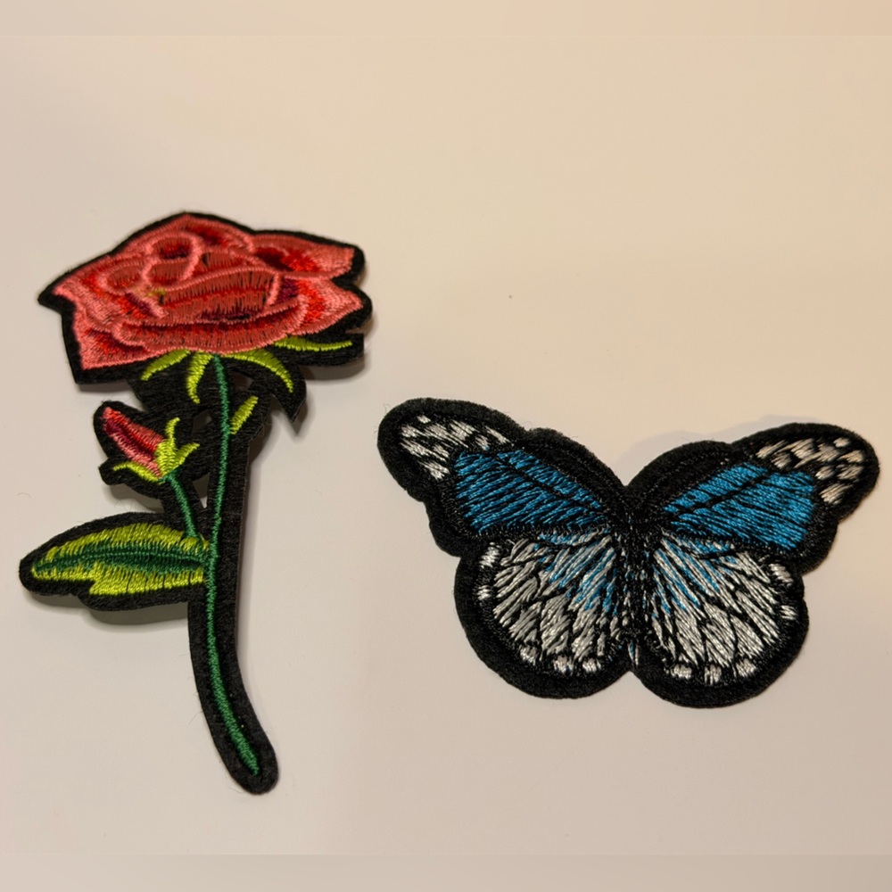Embroidered Rose and Blue Butterfly Iron-On Patch Set
